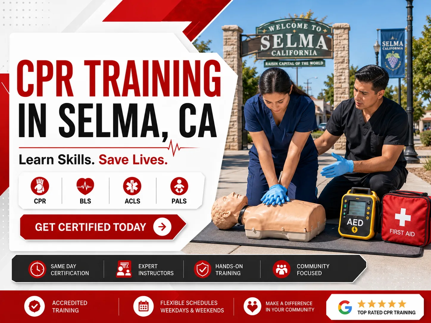 AED demonstration during CPR class in Selma, CA