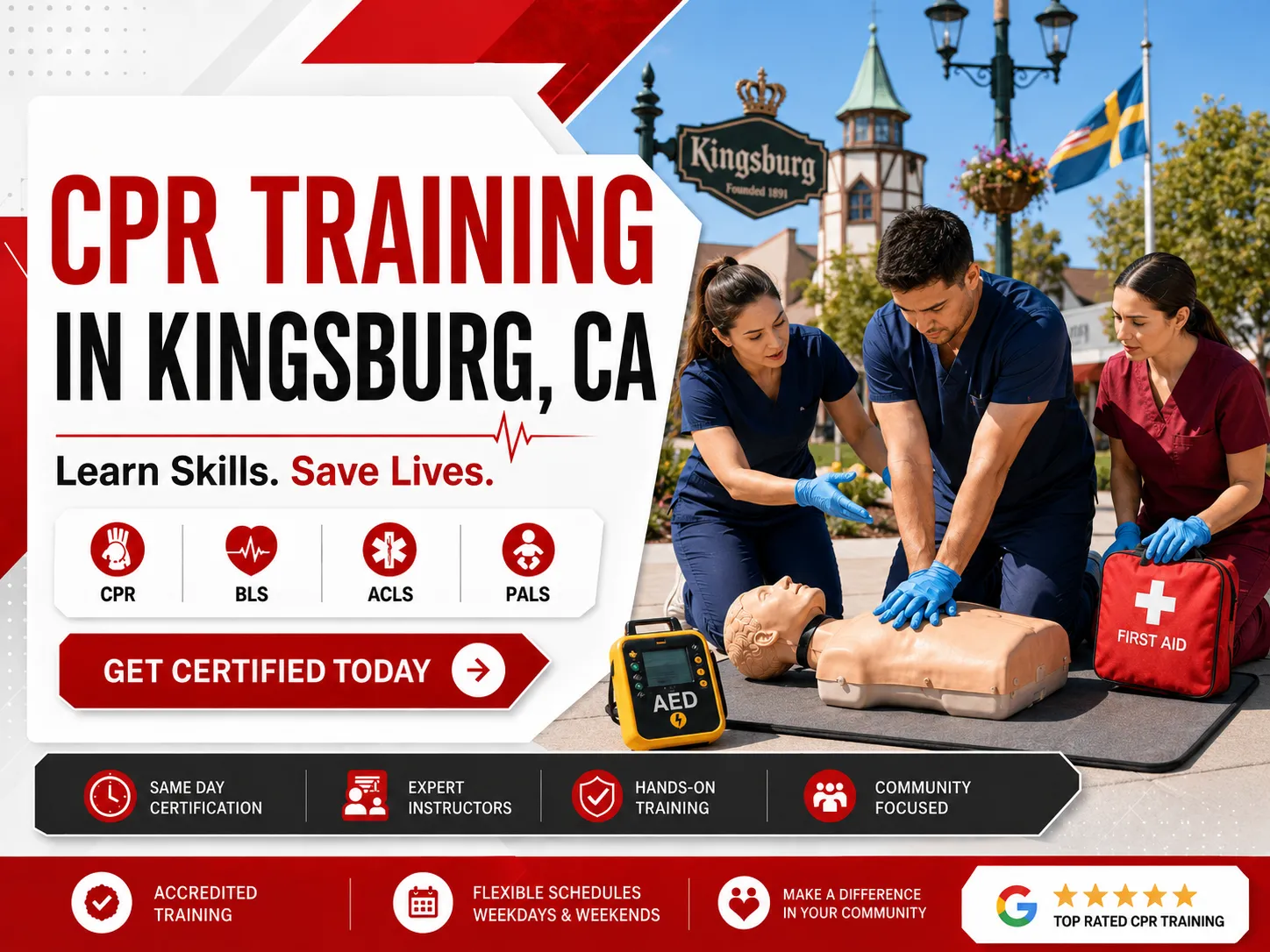 Instructor-led CPR, BLS & ACLS training in Kingsburg, CA