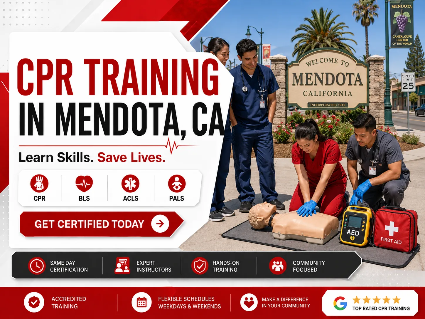 Two-rescuer CPR technique practice in Mendota, CA certification class